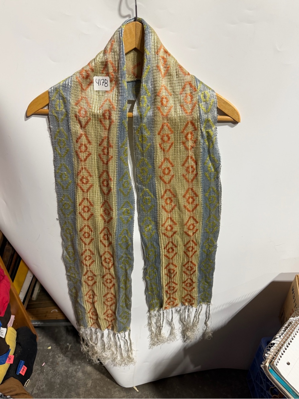 #4178-Woven Patterned Fringe Scarf - Cream, Blue & Rust